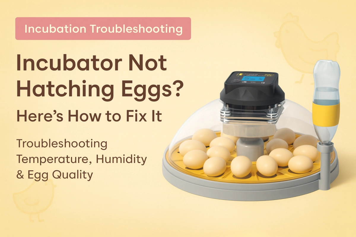 Round digital egg incubator full of unhatched eggs with water bottle attachment, used as a cover image for a guide on troubleshooting incubators that are not hatching.
