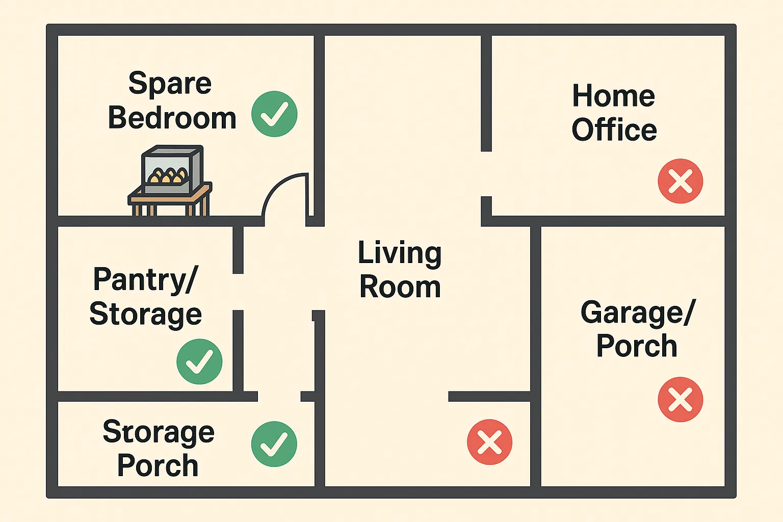 Home egg incubator placement diagram showing best rooms like a spare bedroom and home office and rooms to avoid such as the kitchen and garage