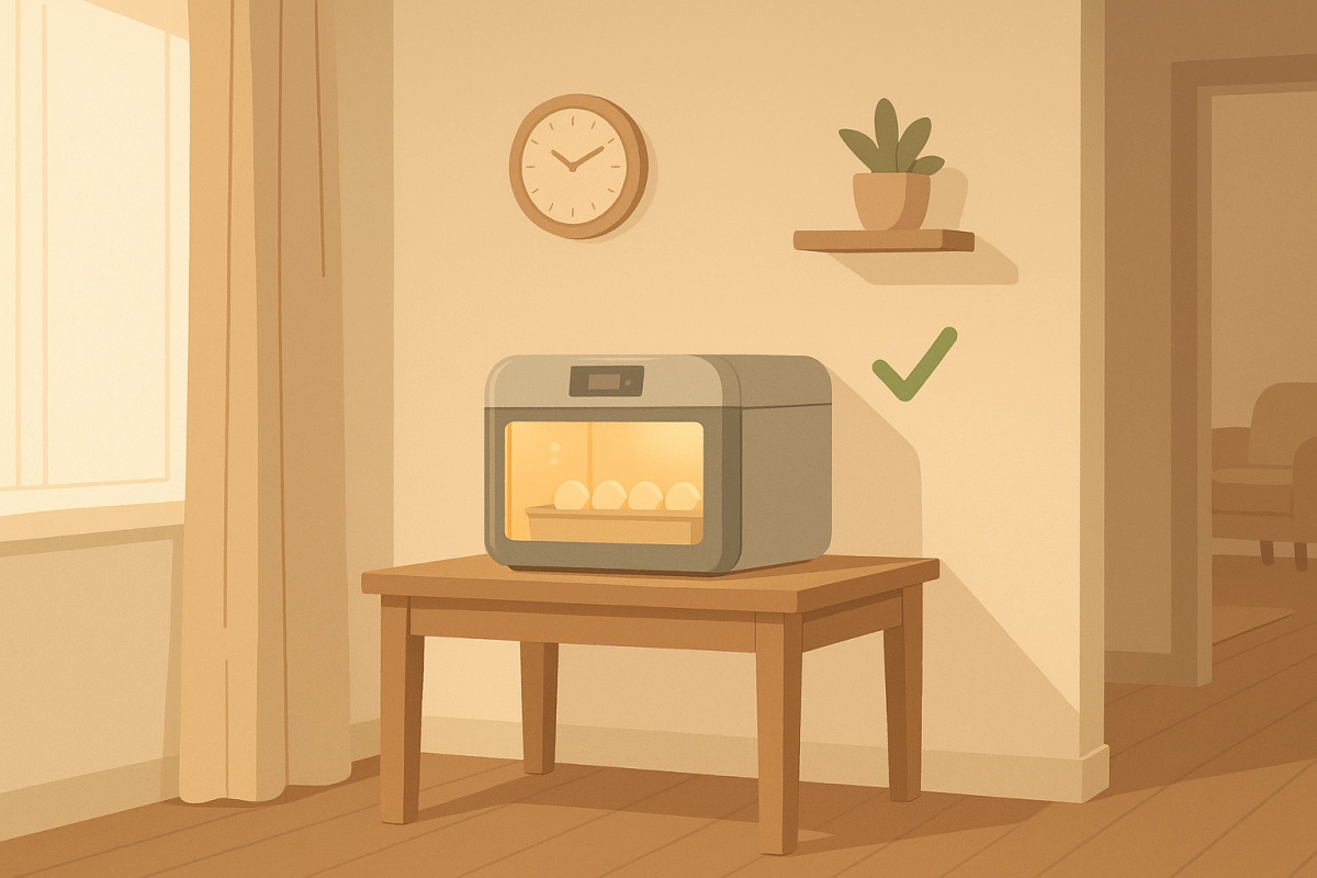 Egg incubator placed on a sturdy table in a quiet bedroom corner, showing the best indoor placement for stable hatching results