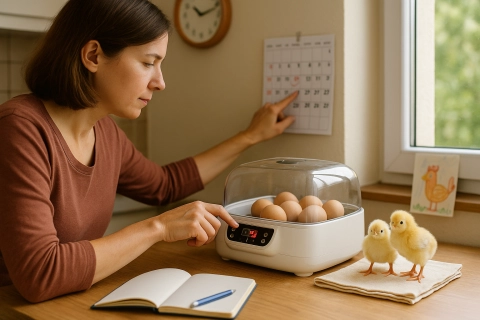 Backyard chicken keeper planning when to start incubating chicken eggs while checking a calendar beside a small egg incubator and two newly hatched chicks on a table.