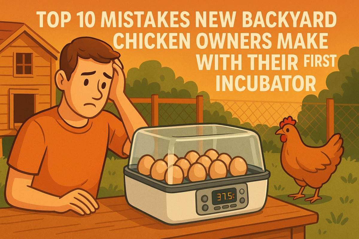 Worried new backyard chicken owner looking at eggs in an incubator next to a hen and coop