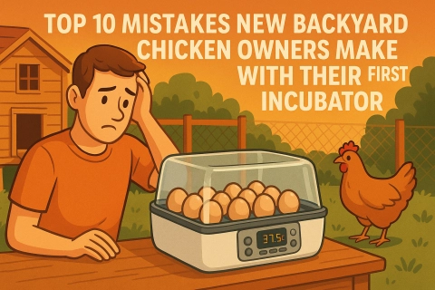 Worried new backyard chicken owner looking at eggs in an incubator next to a hen and coop