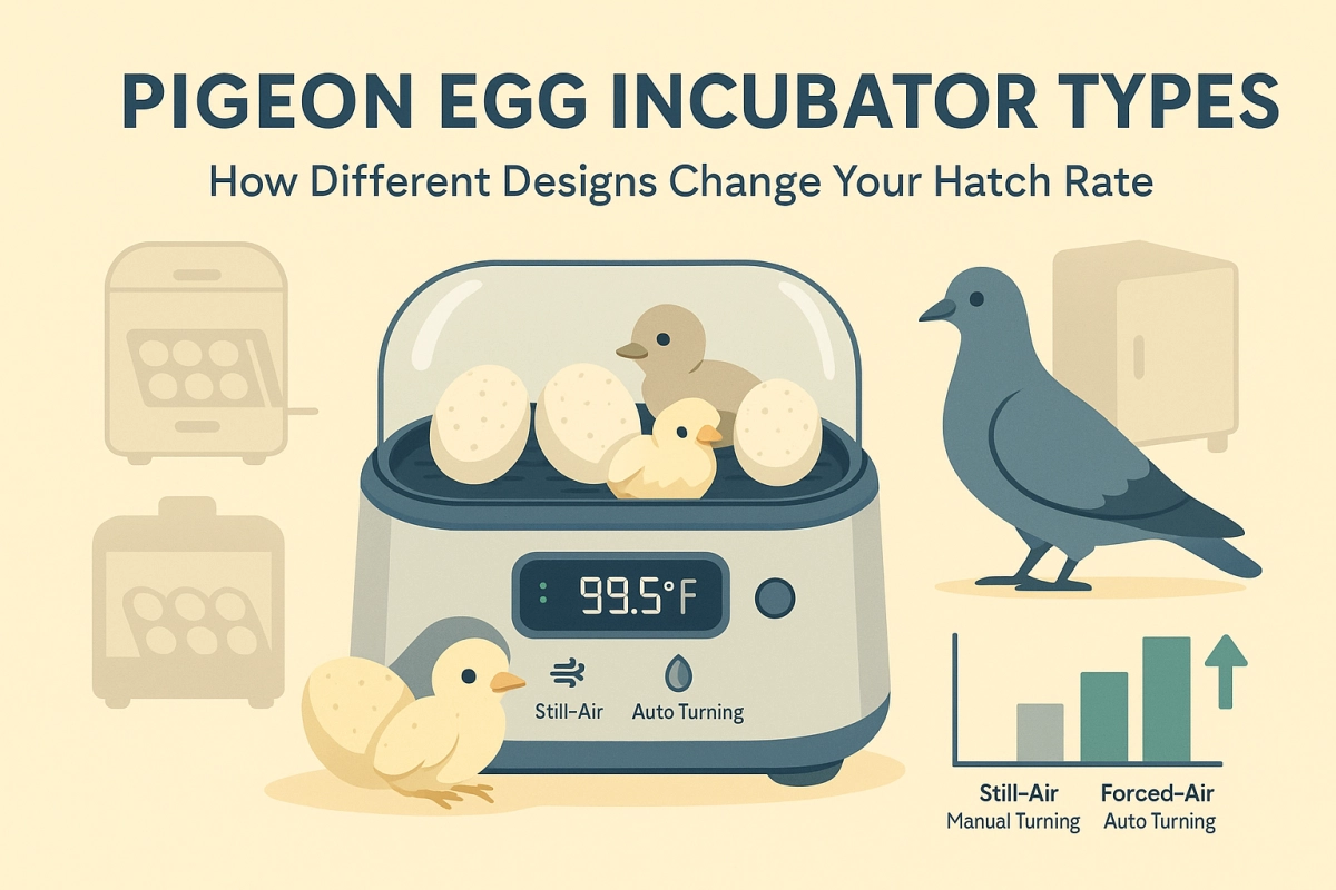 Illustrated blog cover showing different pigeon egg incubator types with eggs, chicks, an adult pigeon and a hatch rate comparison chart for a pigeon incubator guide.