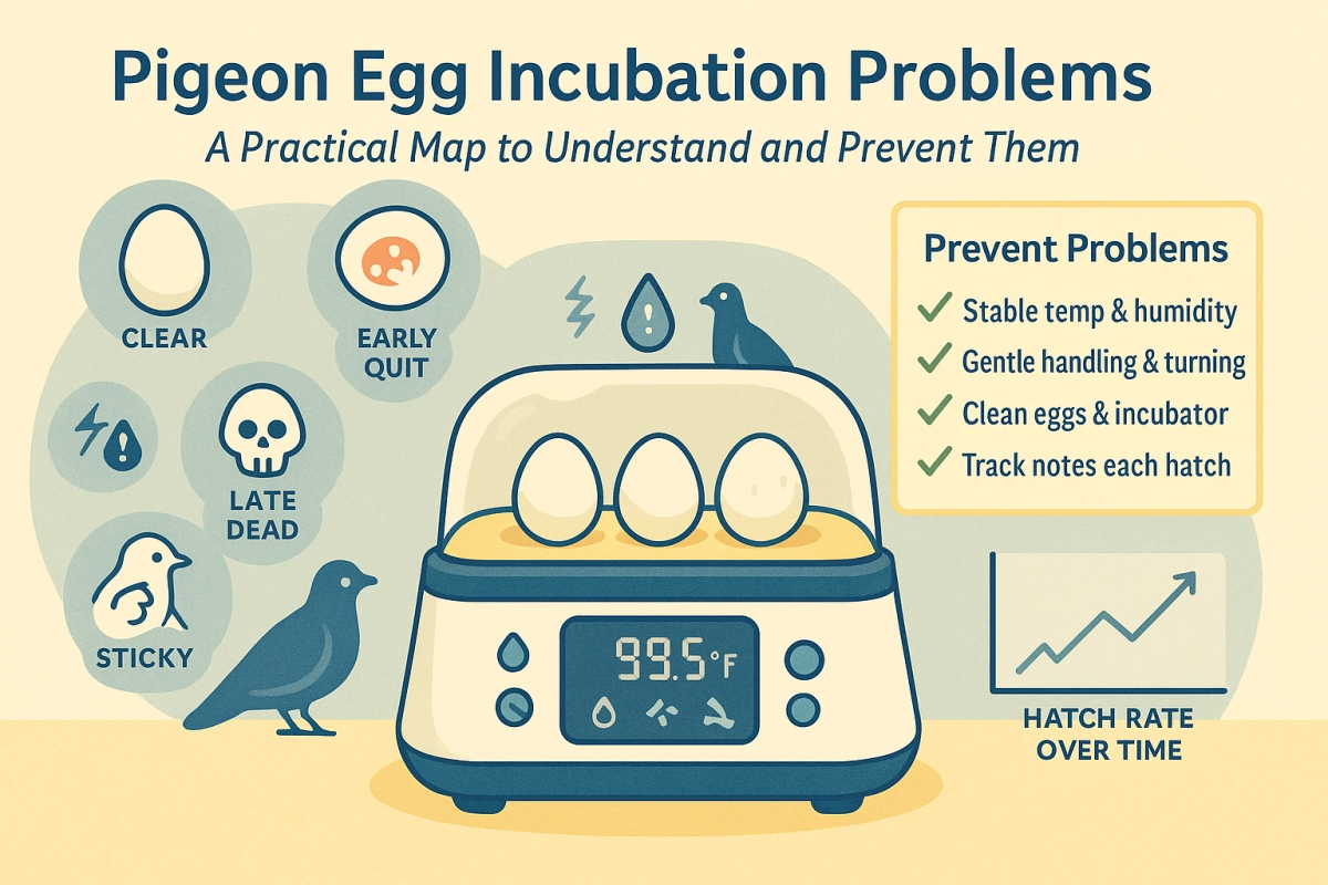 Blog cover illustration of a pigeon egg incubator surrounded by problem icons, a prevention checklist and a rising hatch rate chart for a pigeon incubation problems guide.