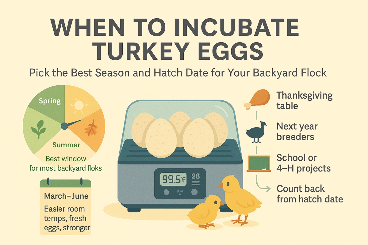 Turkey eggs in an incubator with a spring–summer season chart and icons showing when to incubate turkey eggs.