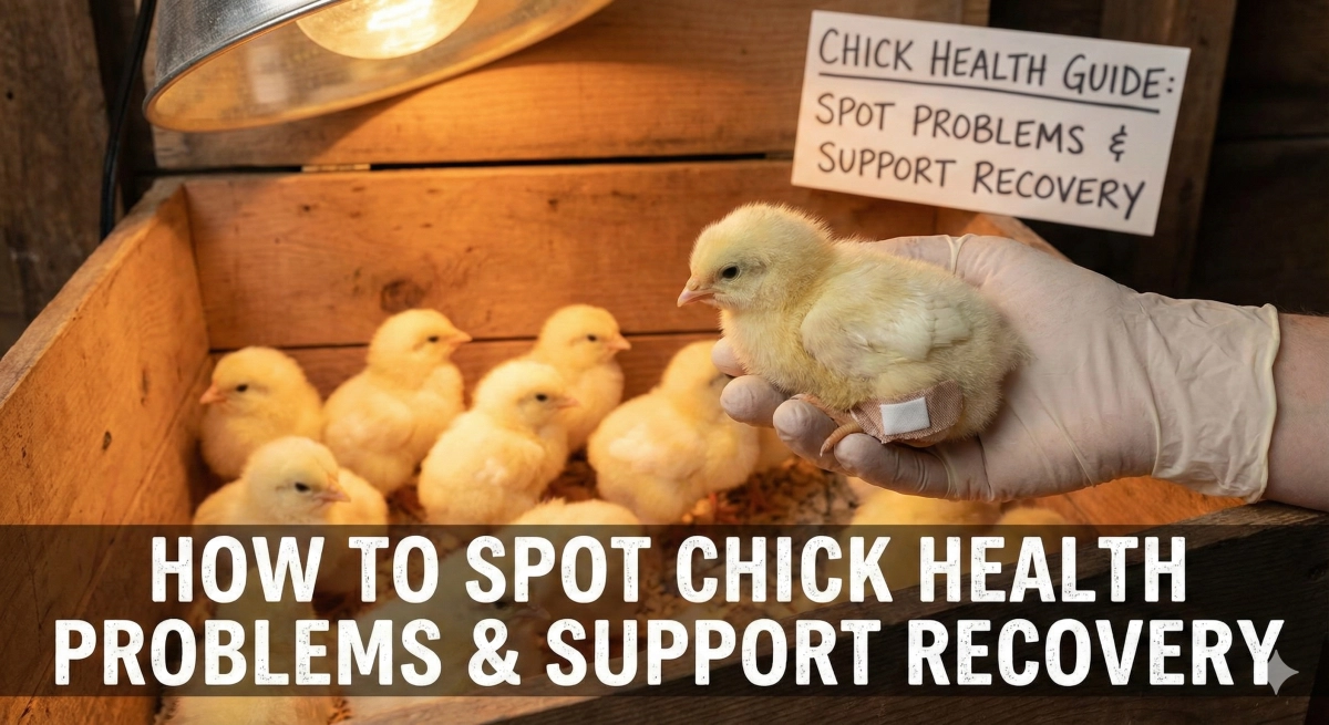 A gloved hand holding a baby chick with a splinted leg under a heat lamp, serving as the cover photo for a guide on spotting baby chick health problems and supporting recovery.