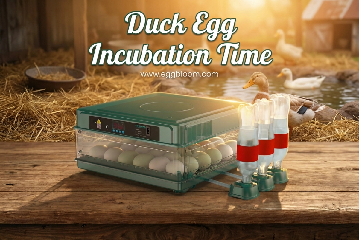 Duck eggs in an incubator showing typical duck egg incubation time
