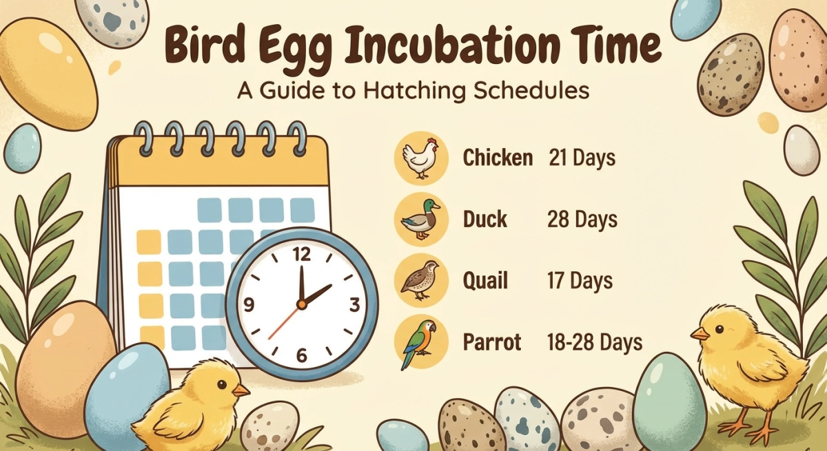 A blog cover image showcasing the bird egg incubation cycle, including elements of an incubator and a timer.