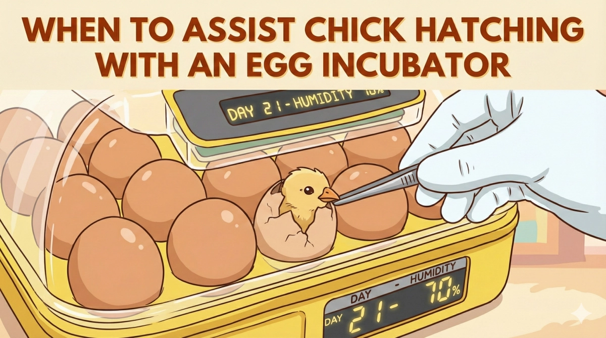 Cartoon showing a gloved hand with tweezers assisting a chick hatching from an egg inside an incubator displaying Day 21 and 70% humidity.