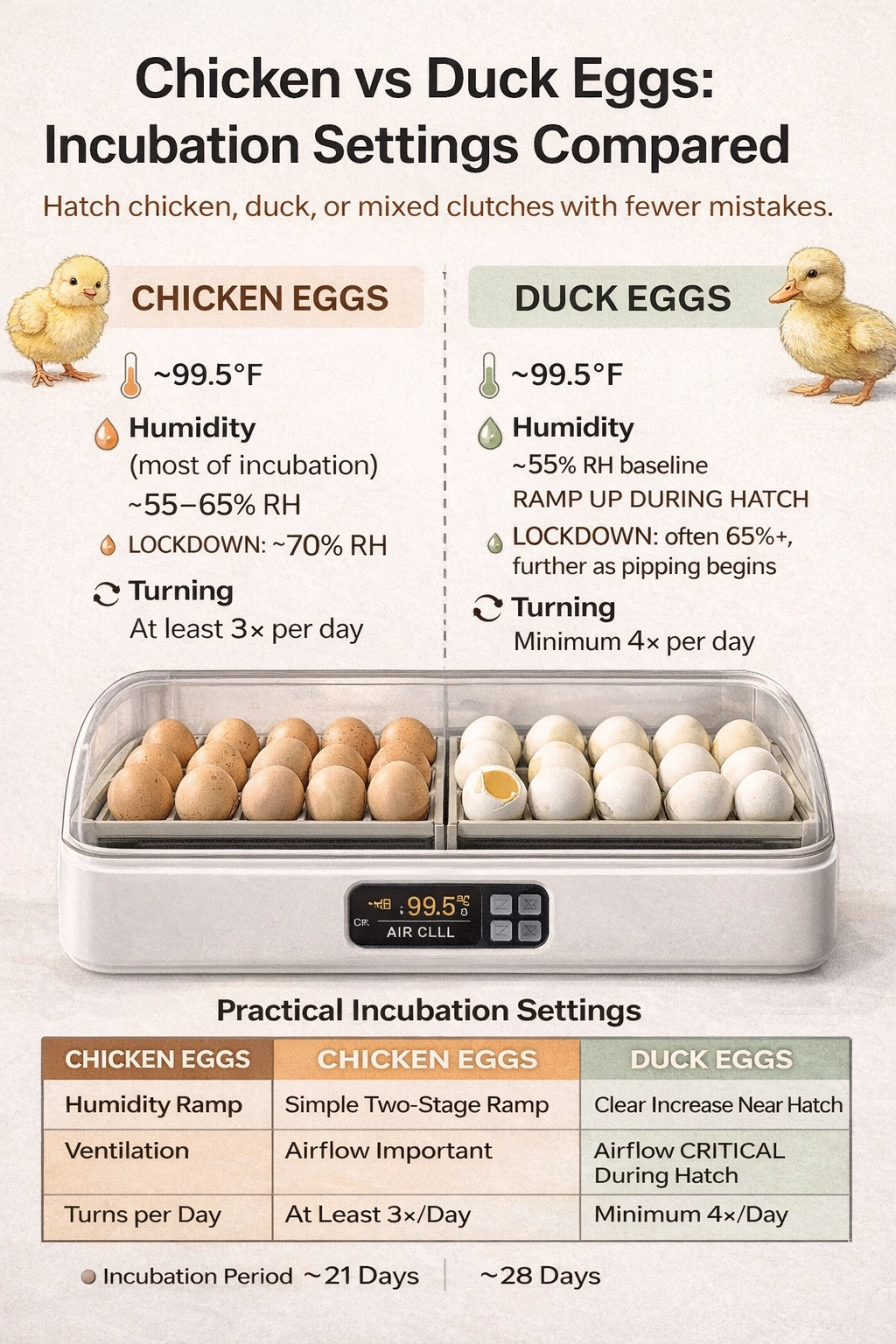 Chicken vs duck egg incubation settings infographic showing duck egg incubator differences in humidity, ventilation, and turning frequency for higher hatch success.