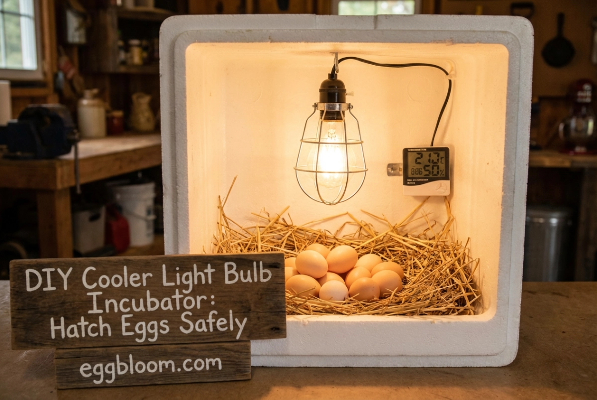 A homemade Styrofoam cooler egg incubator heated by a caged light bulb over straw and eggs. A rustic wooden sign in the foreground reads: 'DIY Cooler Light Bulb Incubator: Hatch Eggs Safely - eggbloom