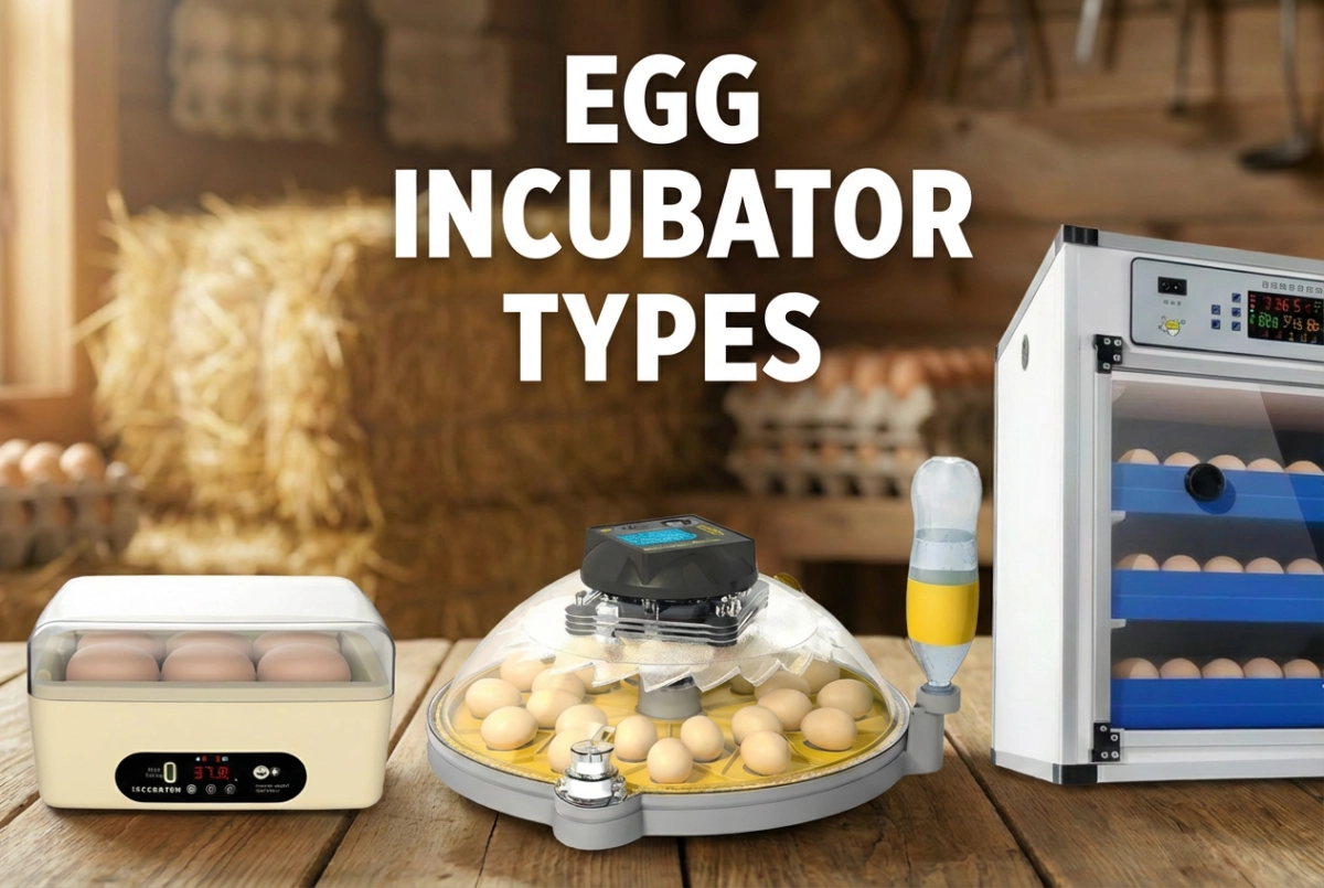 Guide to different egg incubator types for backyard flocks and small farms, including small, medium, and cabinet automatic models