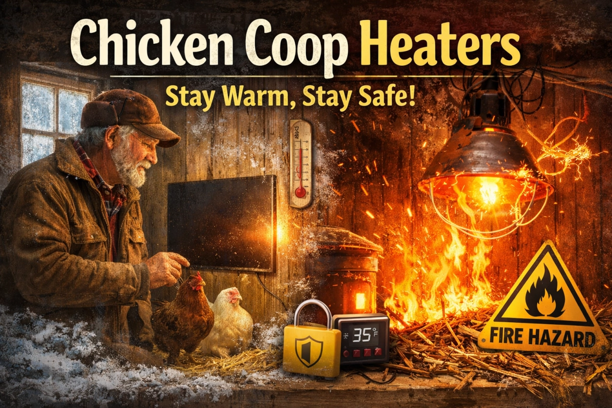 Chicken coop heater safety illustration showing a radiant panel heater used correctly and a dangerous heat lamp causing a fire risk in a winter chicken coop