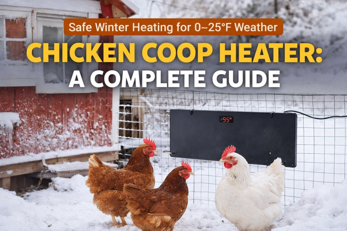 Radiant chicken coop heater installed inside a winter chicken coop, providing safe supplemental warmth for hens in freezing temperatures