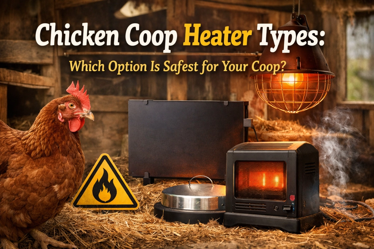 A chicken standing inside a wooden chicken coop next to different chicken coop heater types, including a flat panel heater and a heat lamp, showing a safety-focused comparison for winter heating.