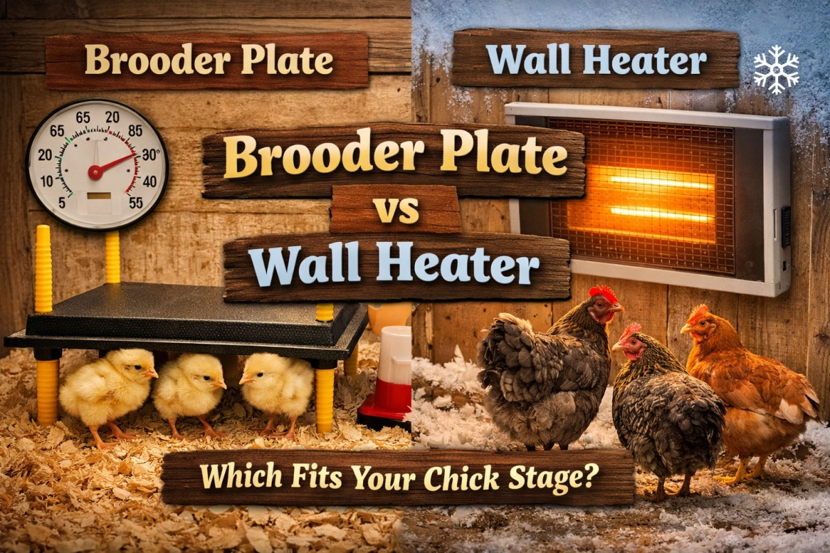 Brooder plate vs wall heater cover image showing chicks under a brooder plate on the left and older chickens near a wall-mounted heater on the right with the text Which fits your chick stage
