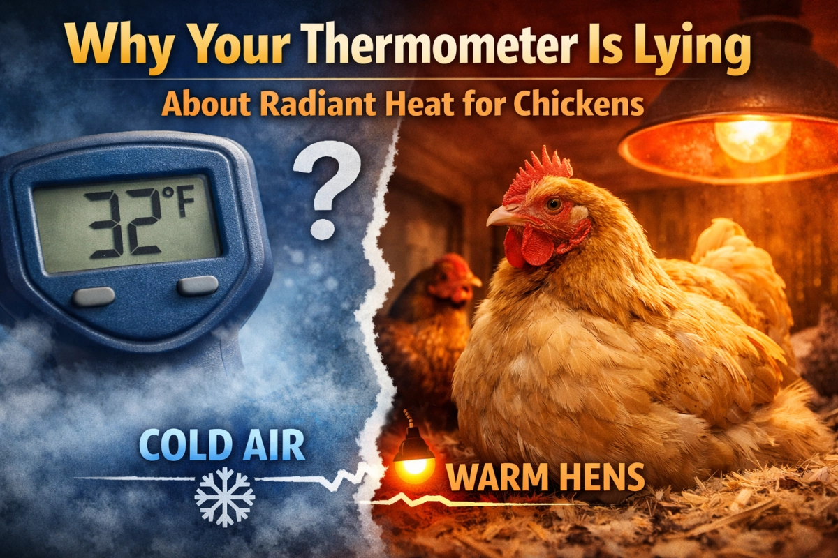 Coop thermometer shows cold air while chickens sit comfortably under radiant heat
