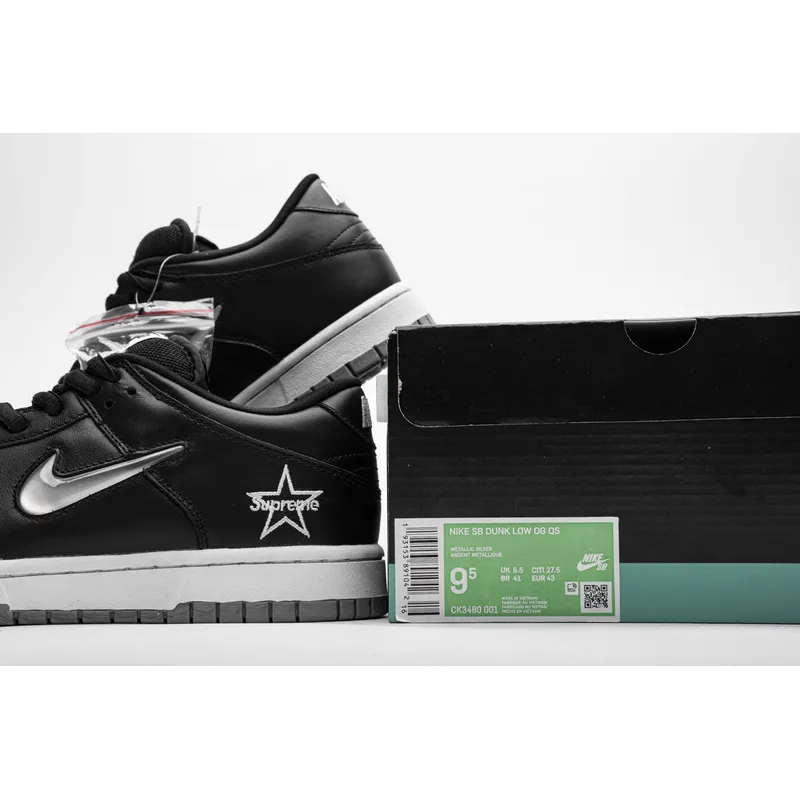 Get Nike SB Dunk Low Supreme Jewel Swoosh Silver CK3480-001