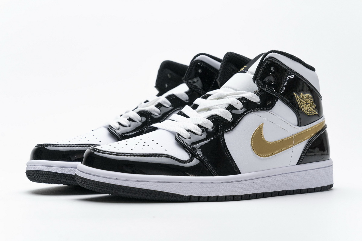 Get Air Jordan 1 Mid Patent Black White Gold 852542-007