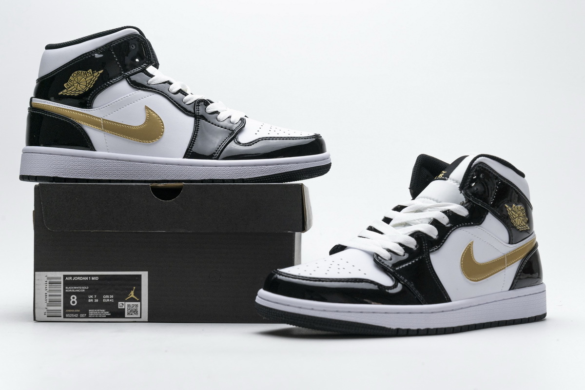 Get Air Jordan 1 Mid Patent Black White Gold 852542-007