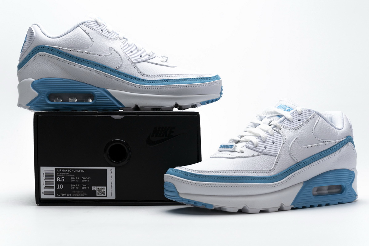 Get Nike Air Max 90 Undefeated White Blue Fury CJ7197-102