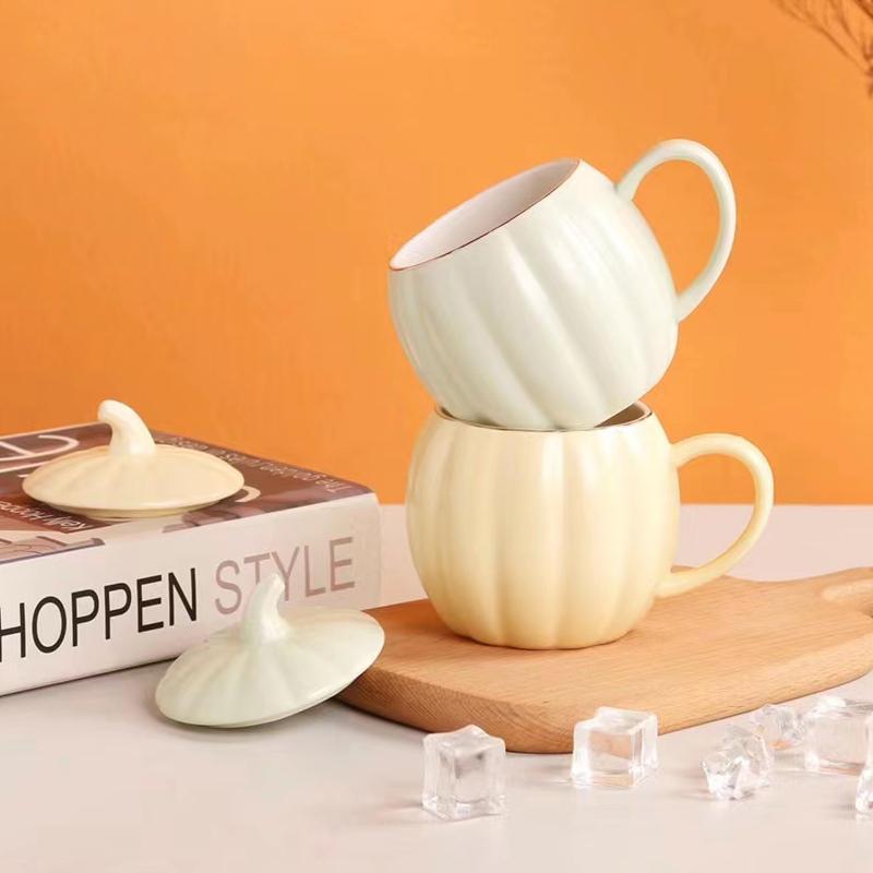 400ml Ceramic Pumpkin Mug with Lid – Cute Large Breakfast Cup for Coffee, Milk & Water