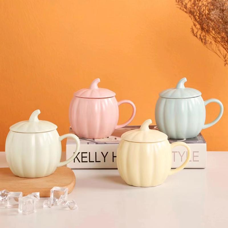 400ml Ceramic Pumpkin Mug with Lid – Cute Large Breakfast Cup for Coffee, Milk & Water
