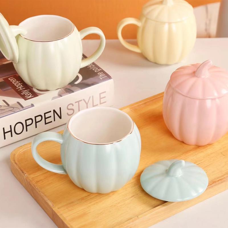 400ml Ceramic Pumpkin Mug with Lid – Cute Large Breakfast Cup for Coffee, Milk & Water
