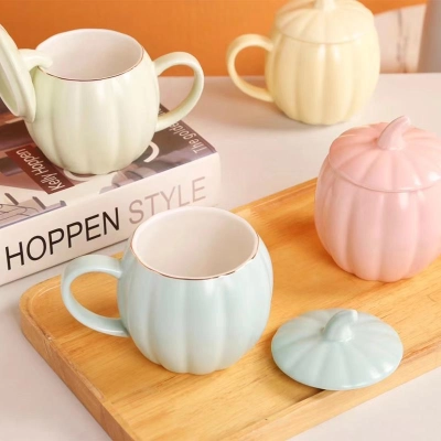 400ml Ceramic Pumpkin Mug with Lid – Cute Large Breakfast Cup for Coffee, Milk & Water 02