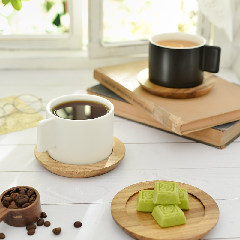 Ceramic coffee cup with wooden mat for home creative simple and high-value mug can be added with logo water cup