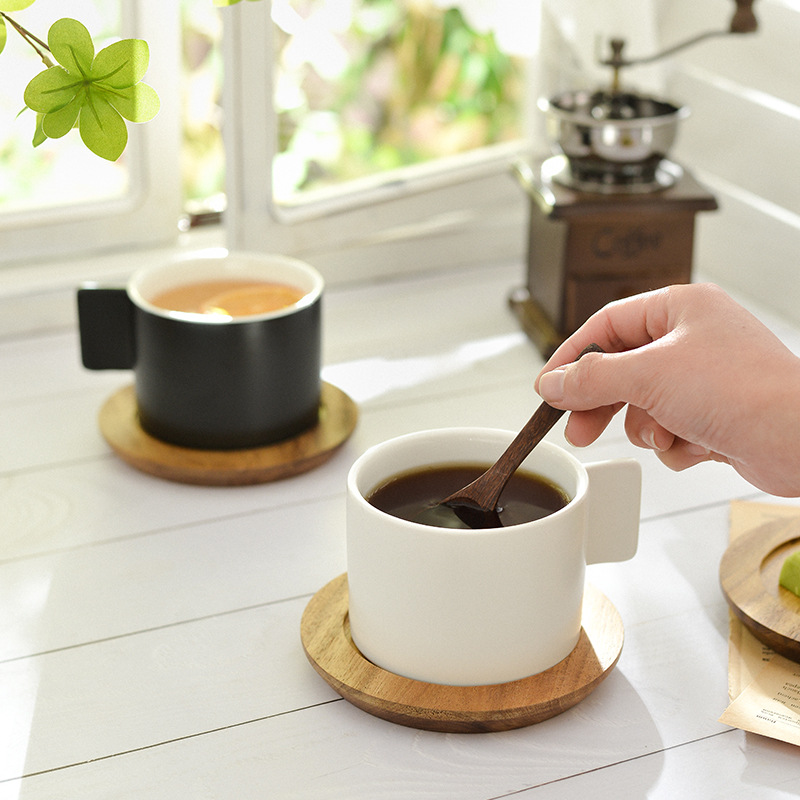 Ceramic coffee cup with wooden mat for home creative simple and high-value mug can be added with logo water cup