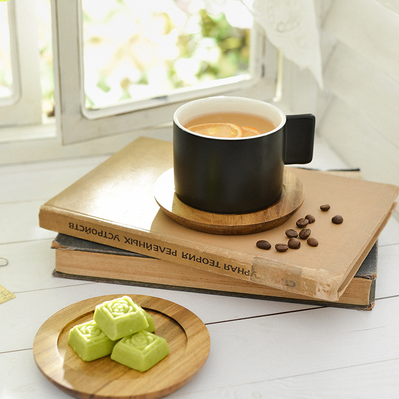 Ceramic coffee cup with wooden mat for home creative simple and high-value mug can be added with logo water cup