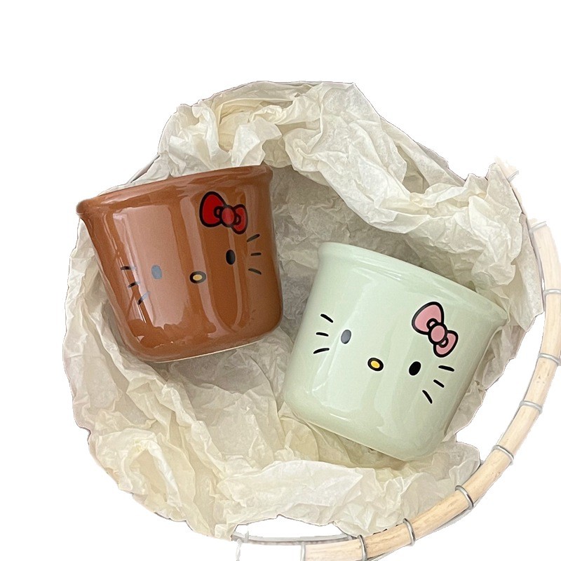 ins style black leather kt ceramic mug mug household coffee mug cream hellokitty girl's heart cup