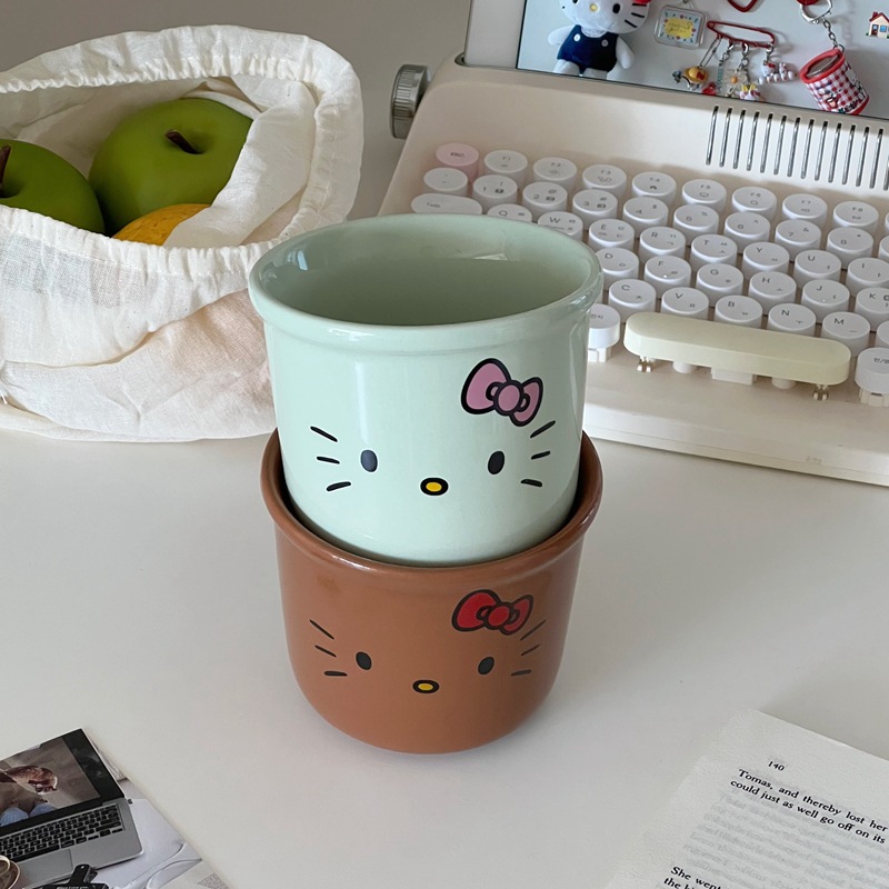ins style black leather kt ceramic mug mug household coffee mug cream hellokitty girl's heart cup