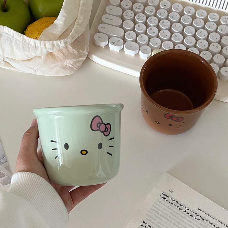 ins style black leather kt ceramic mug mug household coffee mug cream hellokitty girl's heart cup