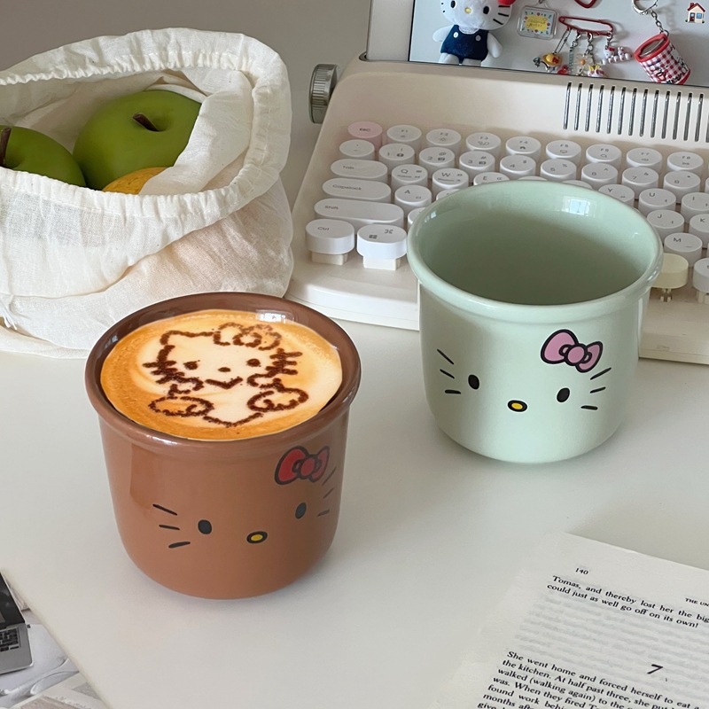 ins style black leather kt ceramic mug mug household coffee mug cream hellokitty girl's heart cup