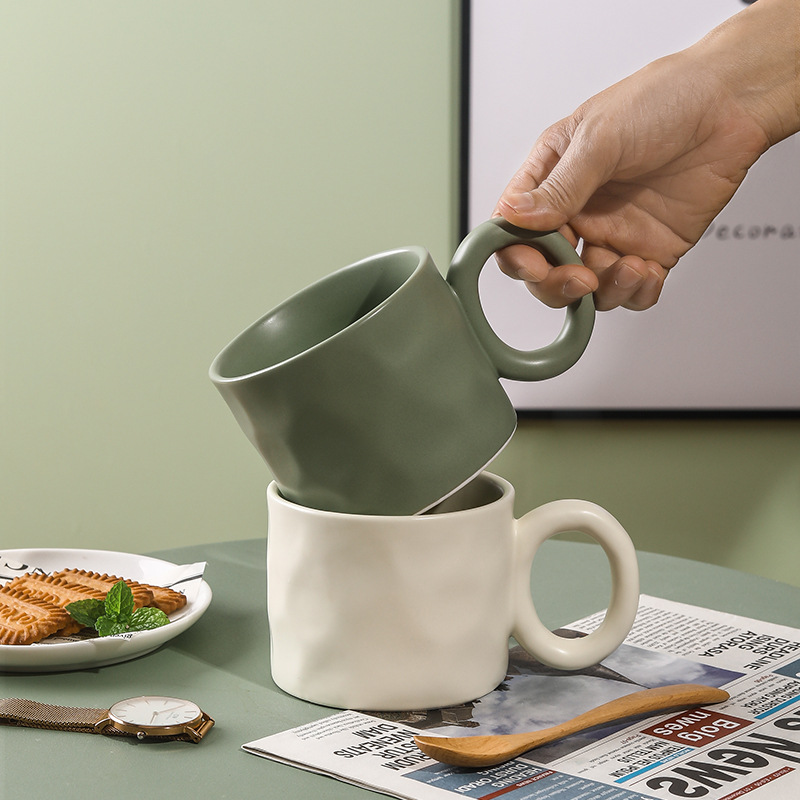 Nordic INS Style Ceramic Mug – 360ml Chubby Texture Coffee & Milk Cup – Large Breakfast Oatmeal Bowl with Handle