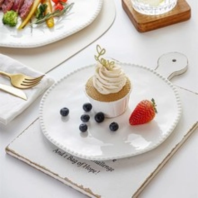 Creative white steak plate with pearl dot ceramic home breakfast plate, featuring high-end cake plate, high-end flat plate 01