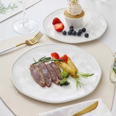 Creative white steak plate with pearl dot ceramic home breakfast plate, featuring high-end cake plate, high-end flat plate 02