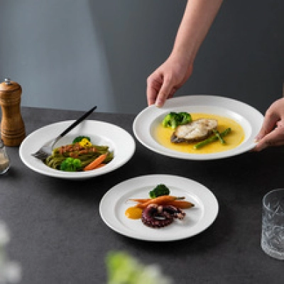 Cross border ceramic tableware, hotel Western dishes, simple white folded flat plate, creative home soup plate, stir fry plate 01