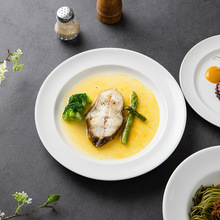 Cross border ceramic tableware, hotel Western dishes, simple white folded flat plate, creative home soup plate, stir fry plate