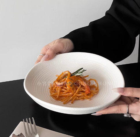 High-grade solid color ceramic plate household light luxury pasta plate steak plate is particularly good-looking Western food plate vegetable plate salad plate