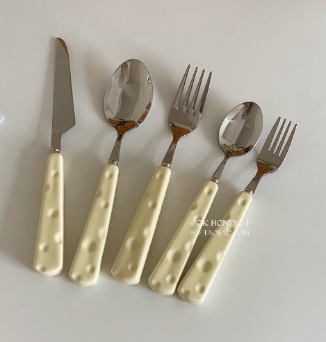 Light luxury high-value cheese ceramic handle stainless steel knife, fork and spoon tableware combination ins style high-end Western tableware
