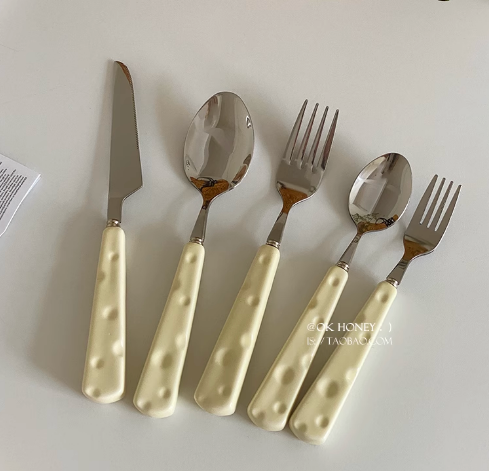 Light luxury high-value cheese ceramic handle stainless steel knife, fork and spoon tableware combination ins style high-end Western tableware