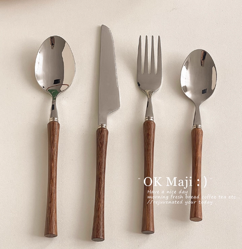 Retro knife and fork 304 stainless steel wooden steak knife and fork spoon western tableware cake dessert spoon fork set