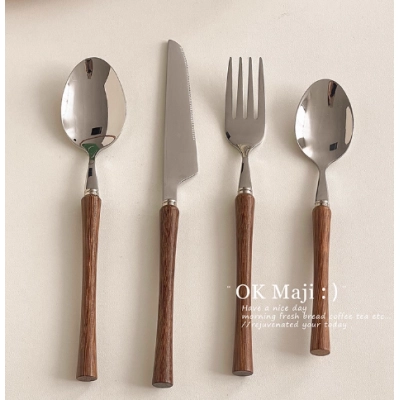 Retro knife and fork 304 stainless steel wooden steak knife and fork spoon western tableware cake dessert spoon fork set 01