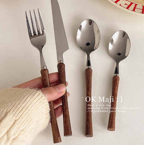 Retro knife and fork 304 stainless steel wooden steak knife and fork spoon western tableware cake dessert spoon fork set