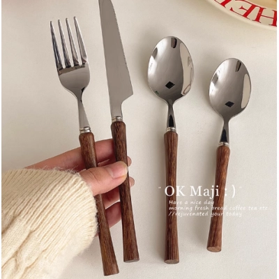 Retro knife and fork 304 stainless steel wooden steak knife and fork spoon western tableware cake dessert spoon fork set 02