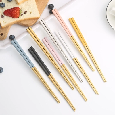 Stainless steel chopsticks, household square chopsticks, hotel non slip gold-plated chopsticks, one person one chopstick tableware, gift chopsticks 02