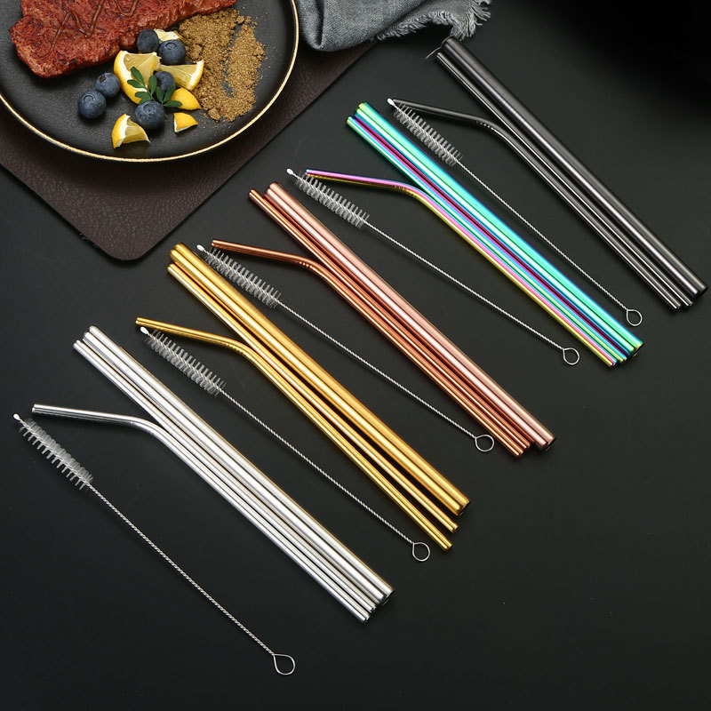 Stainless steel straw set, colored metal straw, restaurant milk tea beverage, coffee pipe, straight pipe and bent pipe set
